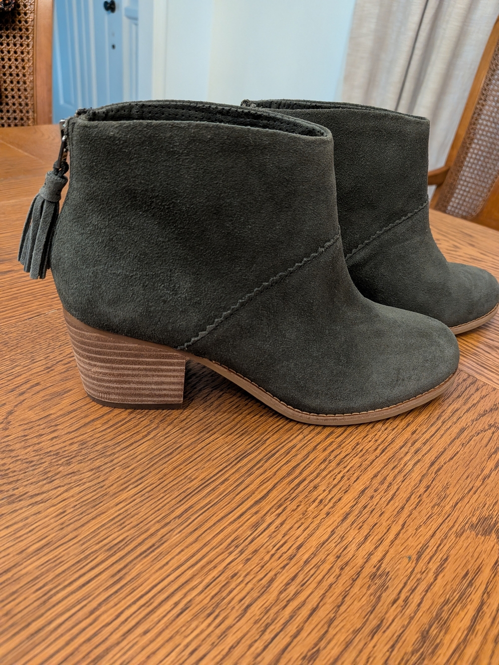 Toms Olive Suede Ankle Booties with Tassel Zip